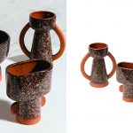 Photo montrant un ensemble de vases, tous fabriqués en terre cuite. Ils sont de couleur terracotta mate avec des touches brillantes marron tachetées. Trois vases de formes variées mais de tailles similaires.